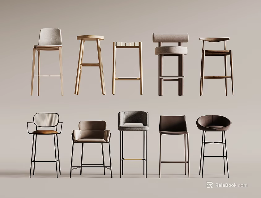 Modern Bar Stools With Various Designs Wooden Metal Frames For Home Kitchen Bar 3d model 