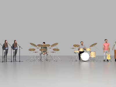 Men Playing Music in Band with Drums Guitars and Microphones 3d model