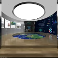 Modern Tech Exhibition Hall With Circular Booth Display Screens And Data Charts 3d model