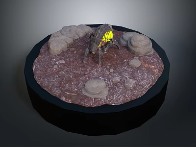 Realistic Insect Creature with Yellow Glowing Sections on Rocky Dirt Circular Base 3d model