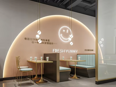 Bright Cozy Milk Tea Shop Interior With Arched Illuminated Backdrop Smiley Pattern And Golden Chairs 3d model