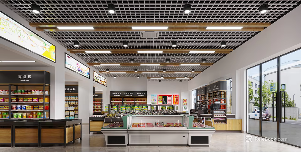 Supermarket Department Store Interior With Grid Ceiling Lighting Display Counters And Shelves 3d model 