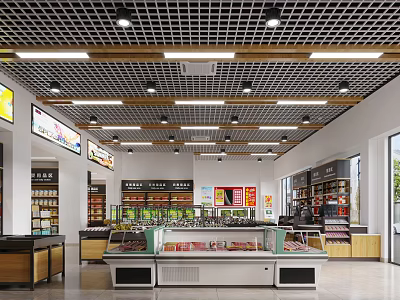 Supermarket Department Store Interior With Grid Ceiling Lighting Display Counters And Shelves 3d model