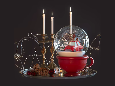 Festive Decorative Ornament Set Including Candles Snow Globe Red Cup And Fairy Lights On Tray 3d model