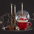 Festive Decorative Ornament Set Including Candles Snow Globe Red Cup And Fairy Lights On Tray