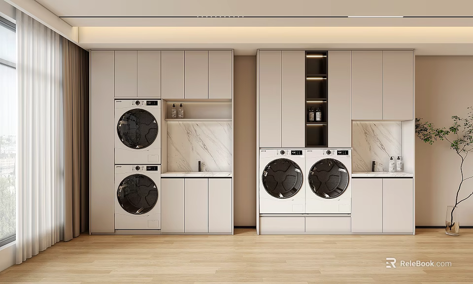 Modern Bathroom Cabinet Rack With Built in Washing Machines Dryers And Marble Countertops 3d model 