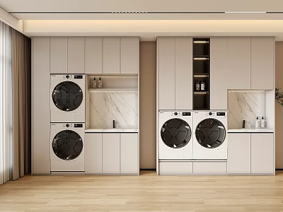 Modern Bathroom Cabinet Rack With Built in Washing Machines Dryers And Marble Countertops 3d model