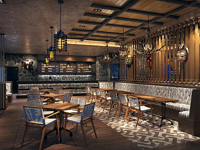 Rustic Cafe Interior With Wooden Ceiling Hanging Chandeliers And Geometric Floor 3d model