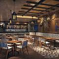Rustic Cafe Interior With Wooden Ceiling Hanging Chandeliers And Geometric Floor