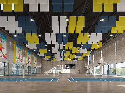 Basketball Gymnasium Featuring Colorful Square Ceiling Decor Wooden Flooring Blue Court Lines And Hoops 3d model