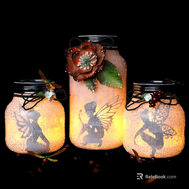 Illuminated Mason Jar Lanterns With Fairy Silhouettes Decorative Flowers And Green Leaves 3d model 
