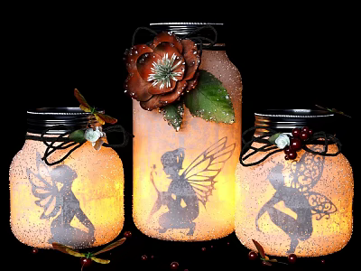Illuminated Mason Jar Lanterns With Fairy Silhouettes Decorative Flowers And Green Leaves 3d model