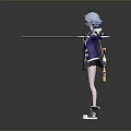 Anime Character With Light Blue Hair Blue White Coat Black Shorts Two Swords Standing Pose