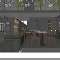 Modern Restaurant Interior With Hanging Pendant Lights Green Plants Wooden Tables And Product Shelves
