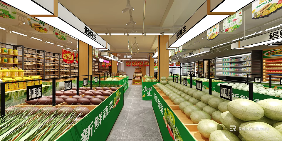 Supermarket Grocery Fresh Produce Section With Vegetables Fruits And Shelves 3d model 