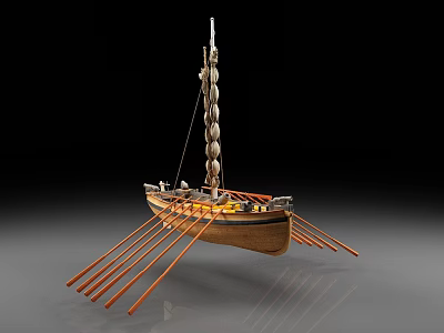Sailing Ship Model With Wooden Hull Multiple Oars And Mast Structure 3d model