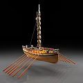 Sailing Ship Model With Wooden Hull Multiple Oars And Mast Structure 3d model