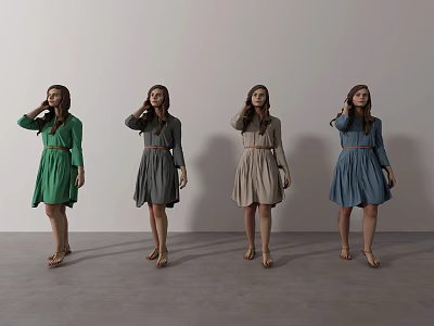 Women in Belted Colored Dresses Standing in a Row Against White Background 3d model