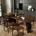Wooden Dining Table Set With Chairs Fruits Flower Vase And Tableware