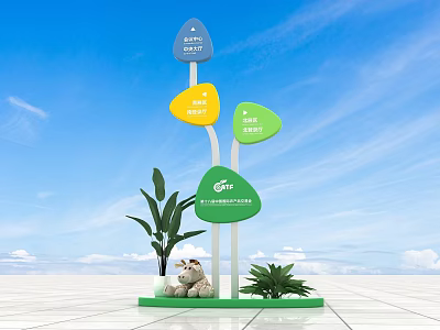 Colorful Directional Signage With Blue Yellow Green Arrows And Green Plants In Outdoor Space 3d model