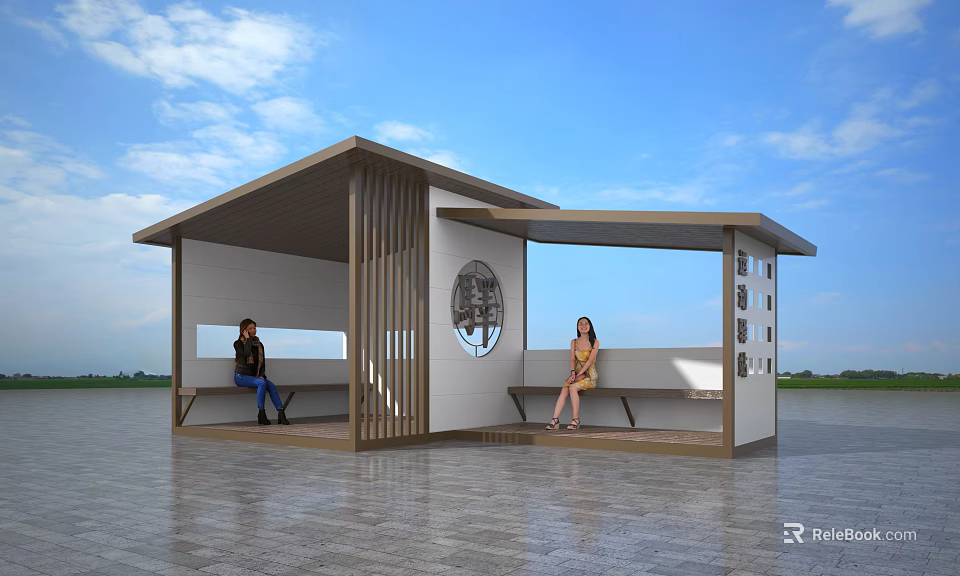 Modern Rest Pavilion With Wooden Structure Circular Decorative Pattern Benches And People Sitting 3d model 