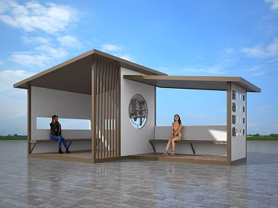Modern Rest Pavilion With Wooden Structure Circular Decorative Pattern Benches And People Sitting 3d model