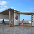 Modern Rest Pavilion With Wooden Structure Circular Decorative Pattern Benches And People Sitting