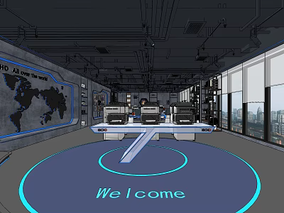 High Tech Control Console Interior With World Map Welcome Sign Large Screens And City View 3d model