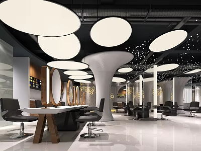 Modern Beauty Hair Salon Interior With Spacious Layout Round Pendant Lights And White Pillars 3d model