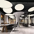Modern Beauty Hair Salon Interior With Spacious Layout Round Pendant Lights And White Pillars