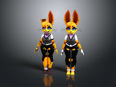 Two Cartoon Fox Characters With Big Ears Yellow Spots Vest Black Pants And White Gloves 3d model