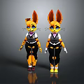 Two Cartoon Fox Characters With Big Ears Yellow Spots Vest Black Pants And White Gloves