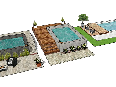 Modern Outdoor Pool Area Design With Wooden Deck Greenery And Seating Furniture 3d model