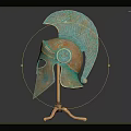 Ancient Greek Style Bronze Helmet Featuring Plume Design On Metallic Display Stand