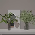 Two Glass Vases With Leafy Green Plants In Minimalist Interior With Geometric Art