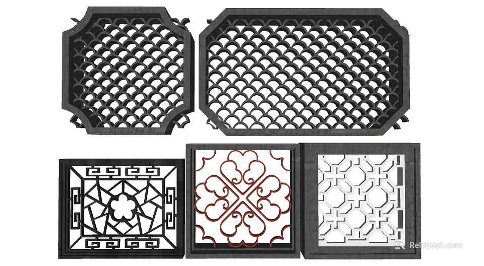 Traditional Chinese Lattice Windows With Various Shapes And Ornate Decorative Patterns 3d model 