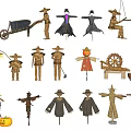 Traditional Agricultural Equipment Featuring Various Scarecrows Wheelbarrow Farm Tools And Pumpkins