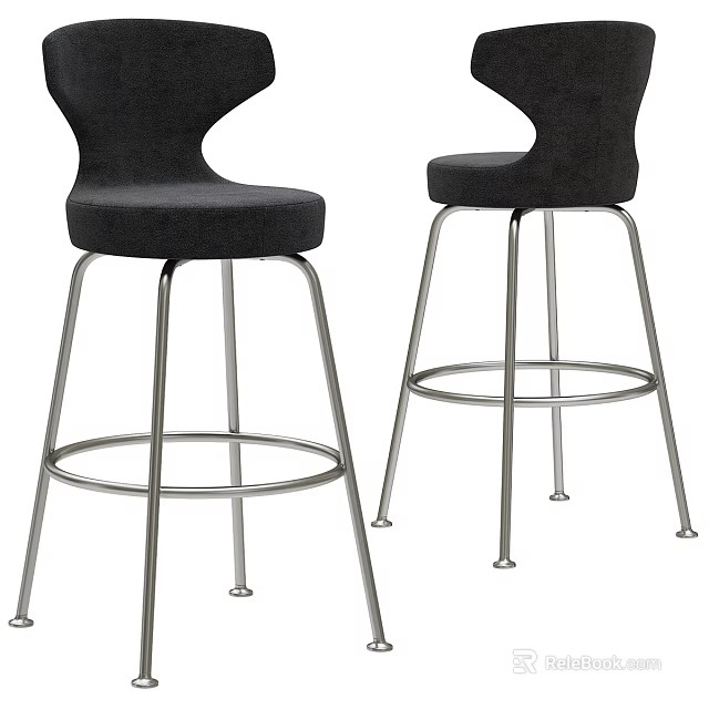 Modern Black Upholstered Bar Stools With Silver Metal Legs And Curved Backrest 3d model 