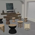 Various Wooden Stools With Different Designs In Modern Interior Space With Artwork 3d model