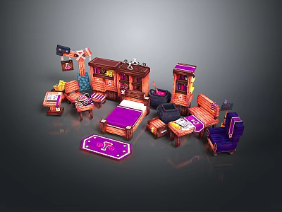 Colorful Cartoon Style Furniture Set With Bed Cabinet Table Chair And Rug 3d model