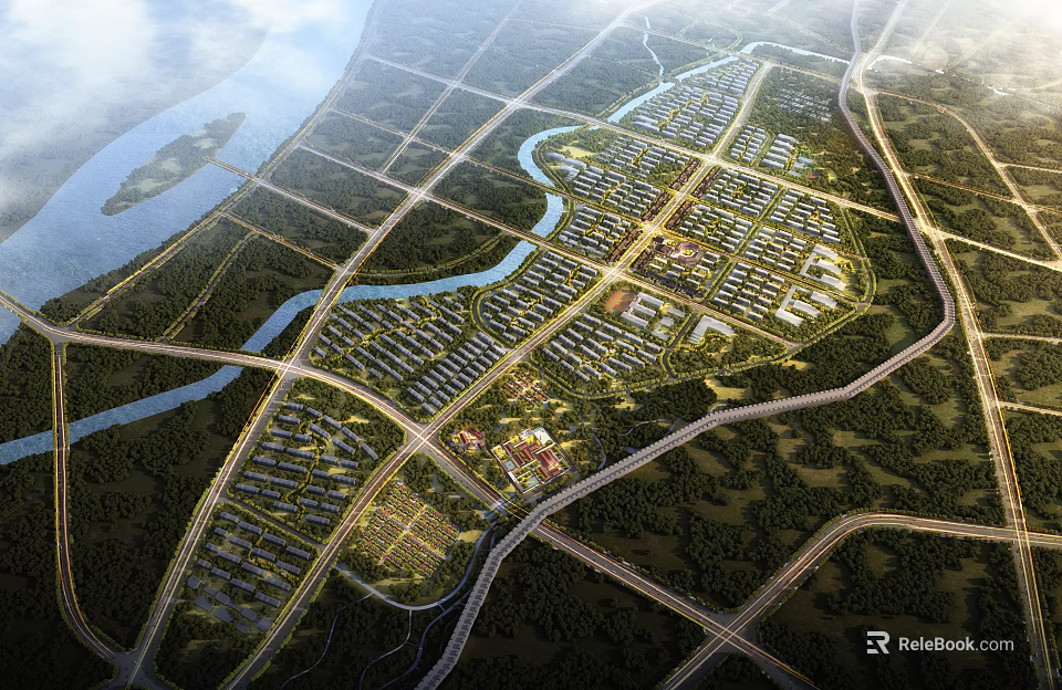 Aerial Planning for City Layout Featuring River Roads Green Spaces and Communities 3d model 
