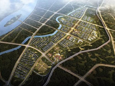 Aerial Planning for City Layout Featuring River Roads Green Spaces and Communities 3d model