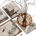 Elegant Decorative Ornament Set With Glass Vase Twigs Candle Holders And Books