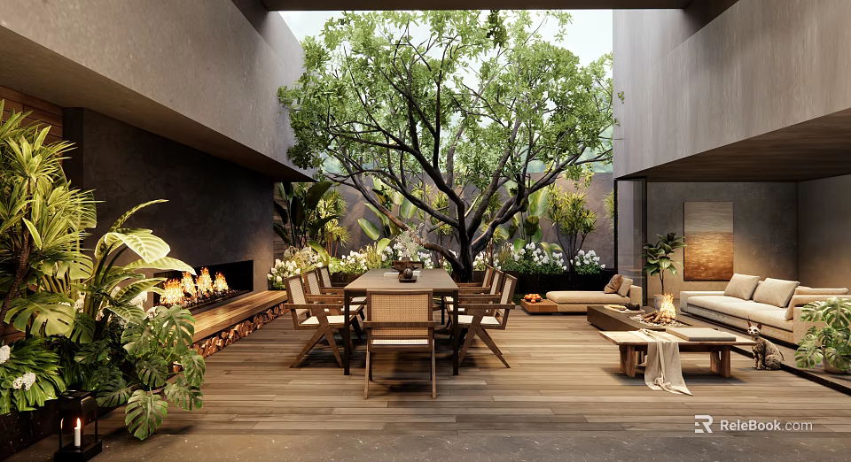 Modern Courtyard Garden with Wooden Deck Dining Table Fireplace Sofa and Lush Plants 3d model 