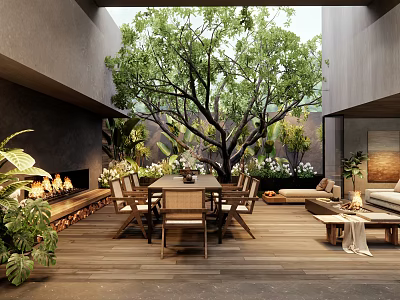 Modern Courtyard Garden with Wooden Deck Dining Table Fireplace Sofa and Lush Plants 3d model