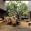 Modern Courtyard Garden with Wooden Deck Dining Table Fireplace Sofa and Lush Plants