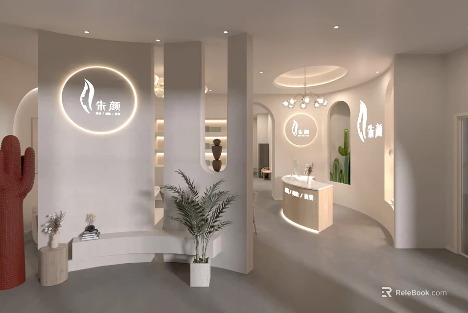 Modern Minimalist Beauty and Hair Salon Interior With Soft Lighting Green Plants And Reception Desk 3d model 