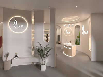 Modern Minimalist Beauty and Hair Salon Interior With Soft Lighting Green Plants And Reception Desk 3d model