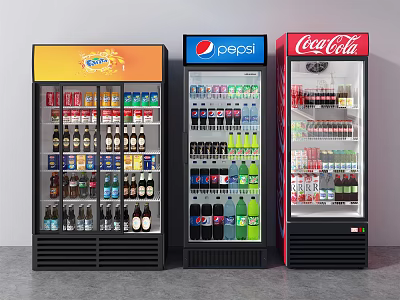 Upright Beverage Coolers Stocked With Fanta Pepsi Coca Cola And Assorted Drinks 3d model