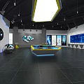 Modern Tech Exhibition Hall With Hexagonal Ceiling Light And Digital Screens 3d model